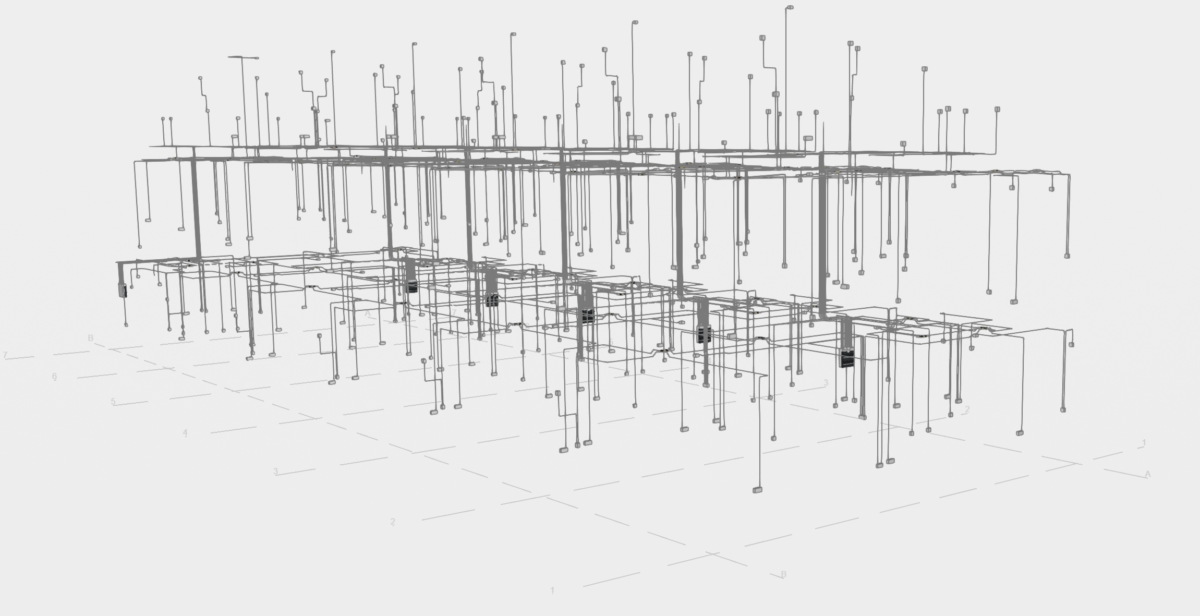 Overzicht stekerbare 3D-installatie van een rij huizen